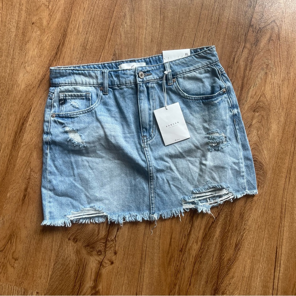 Kancan High-Rise Distressed Denim Mini Skirt